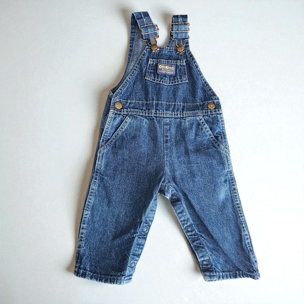 Vintage OshKosh B'gosh Denim Overalls, Made in USA, Blue, Paper Tag, 12 Months